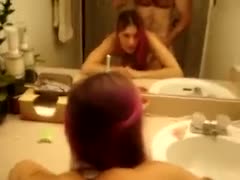 My red-haired girlfriend can't live without what this babe sees in the mirror during sex 